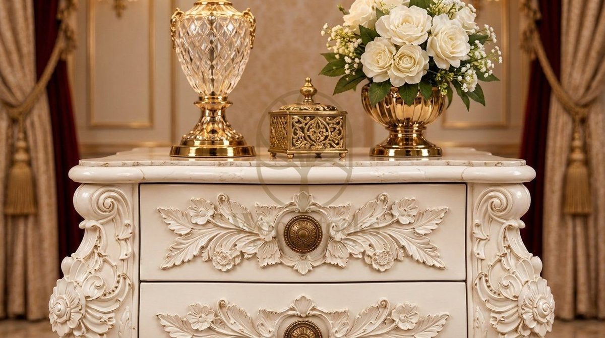 Teak Luxury Maharaja Carved Antiqued Ivory Nightstand, view 3