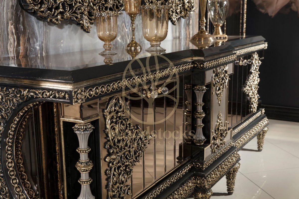 Teak Ornate Black Marble and Gold Console Table, view 4