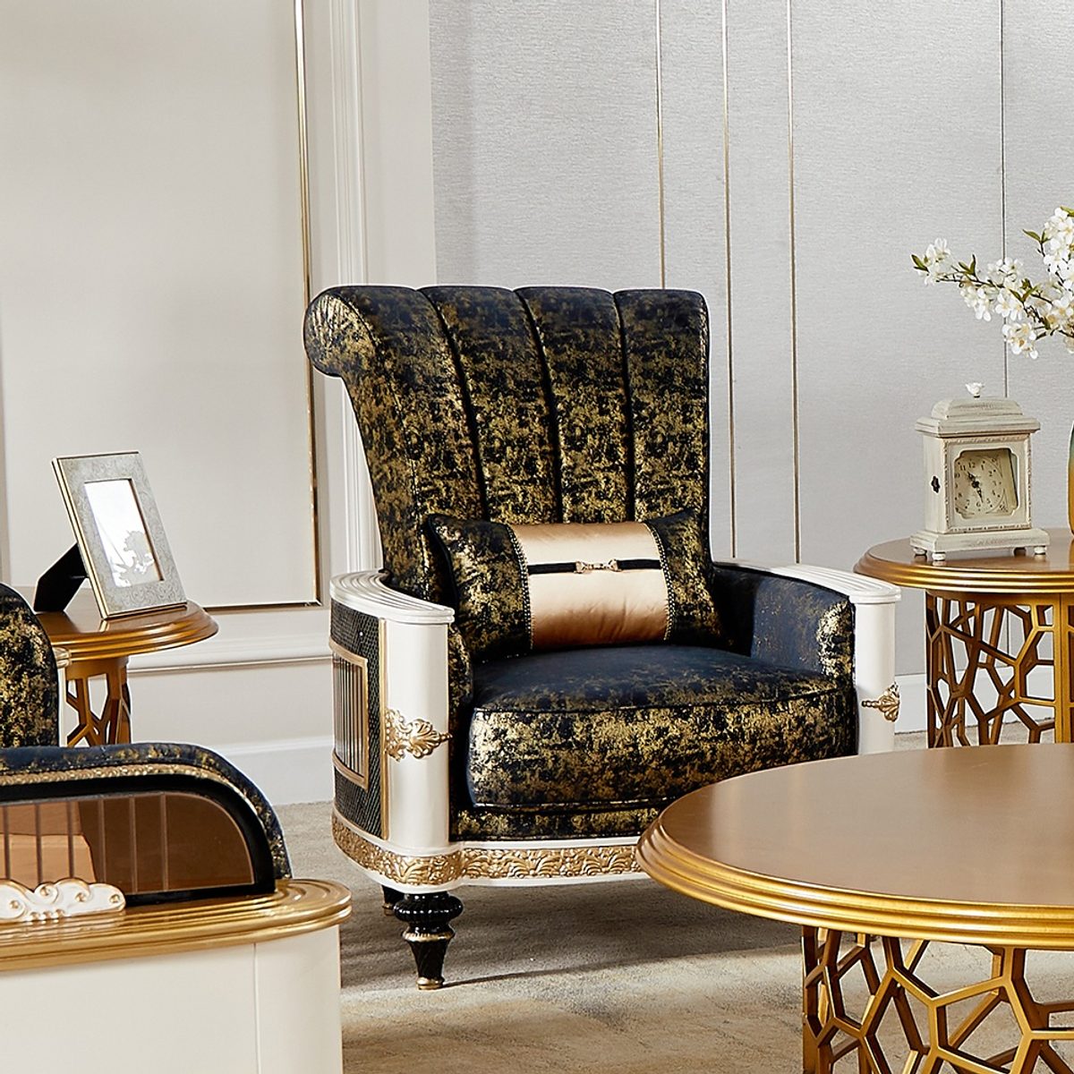 WSE High Quality Teak Wood Luxury Gold Bedroom Chair, Bedroom Chair