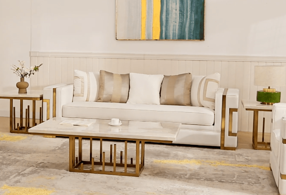 WSE High Quality Teak Wood Contemporary Gold Sofa Set II, Sofa Set