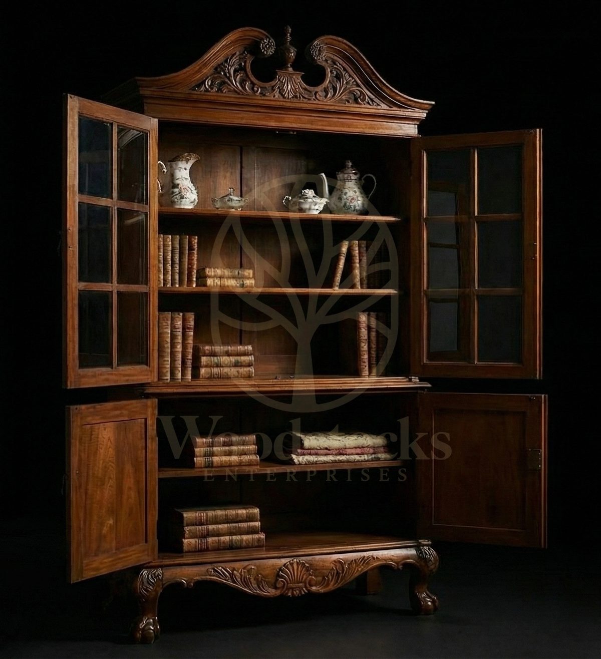 Royal Hand Carved Teak Rocaille Crest Cabinet of the Île Saint-Louis, Saharanpur, view 2