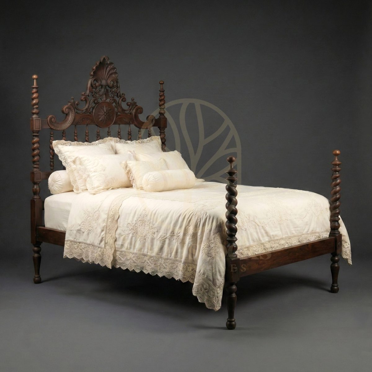 Royal Hand Carved Teak Lisbon Baroque Revival Spiral-Post Bed, Saharanpur, Four Poster Bed