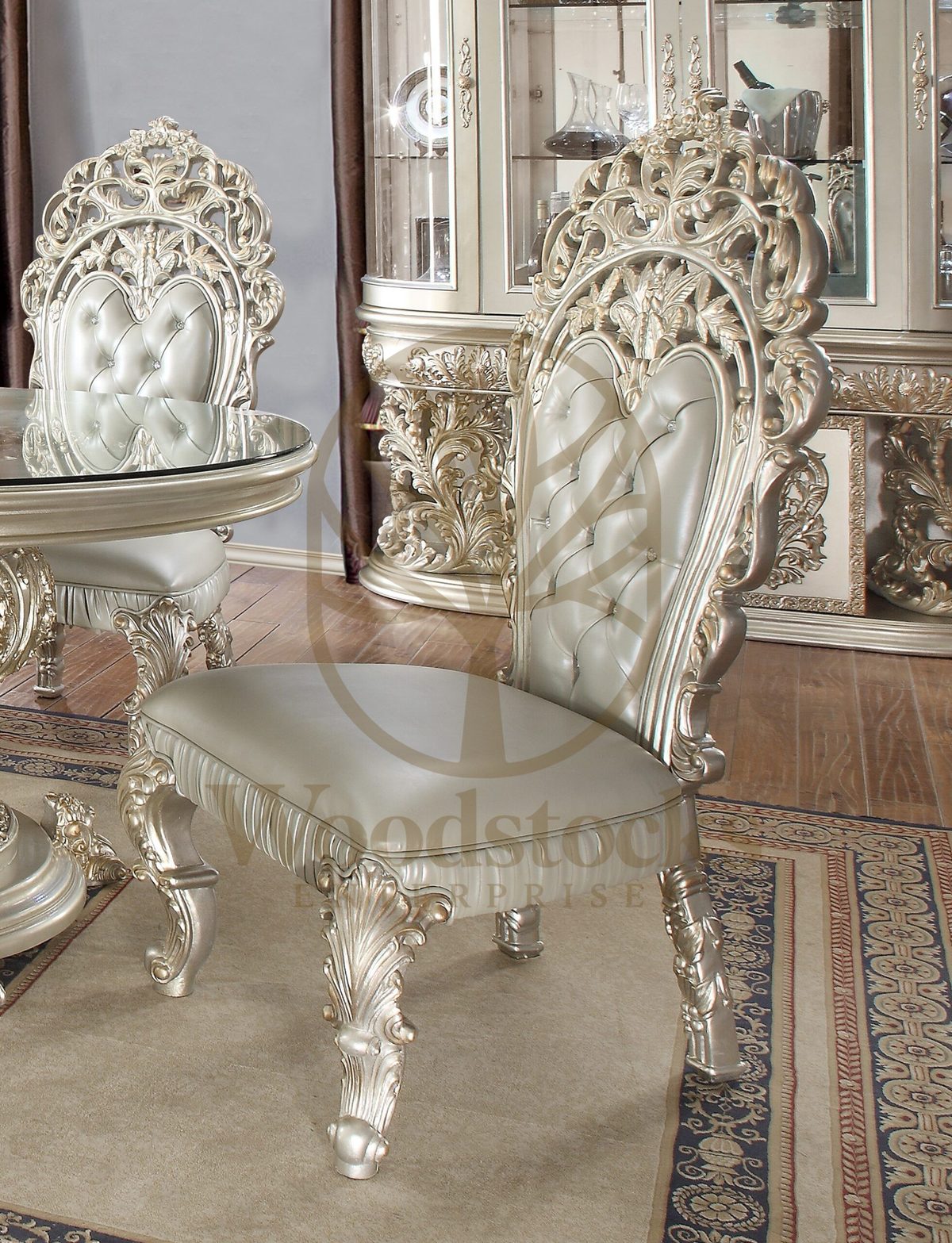 Teak Carved Silver 7-Piece Dining Table III, view 7