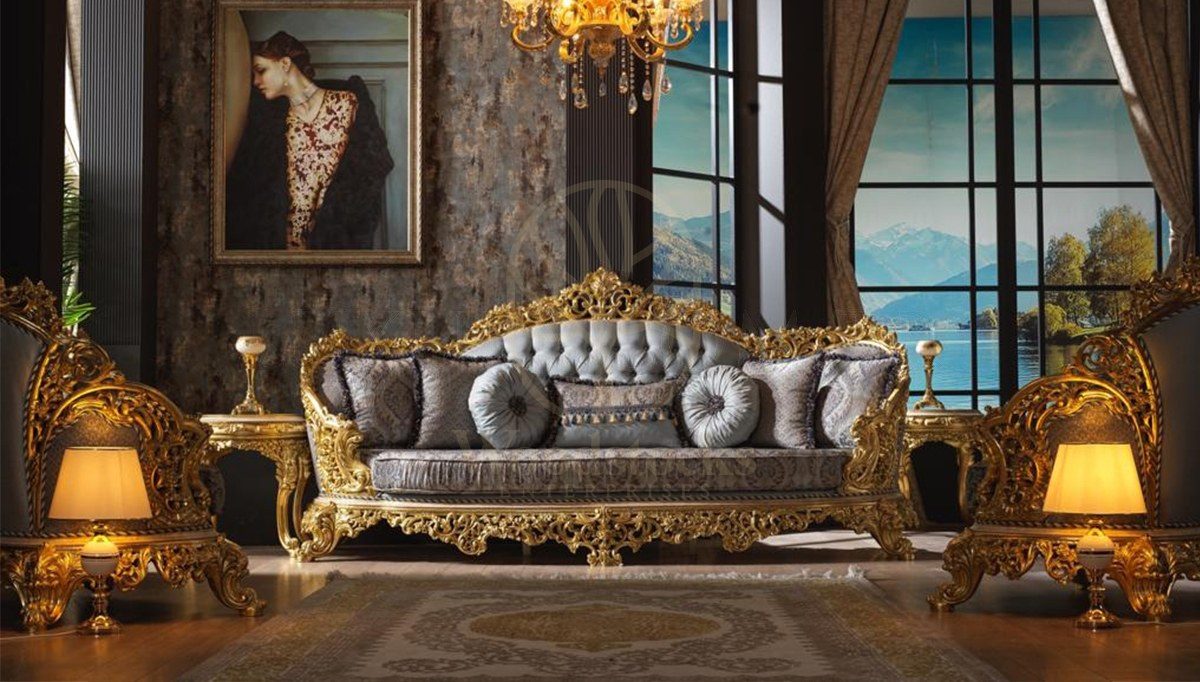 Royal Hunkar Gold Leaf Hand Carved Teak Sofa Set, Saharanpur, view 6