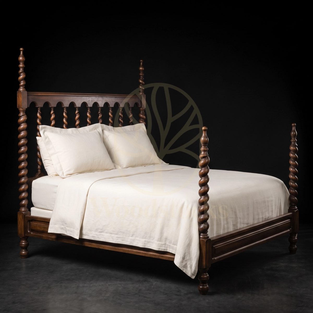 Royal Hand Carved Teak Barley Twist Jacobean-Revival Poster Bed, Saharanpur, Four Poster Bed