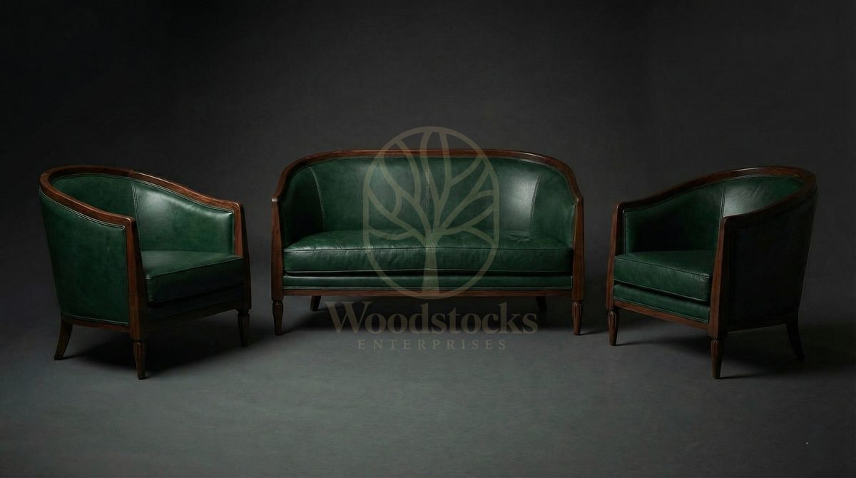 Luxury Teak Strasbourg Salon Art Deco Leather Sofa, Saharanpur, view 6