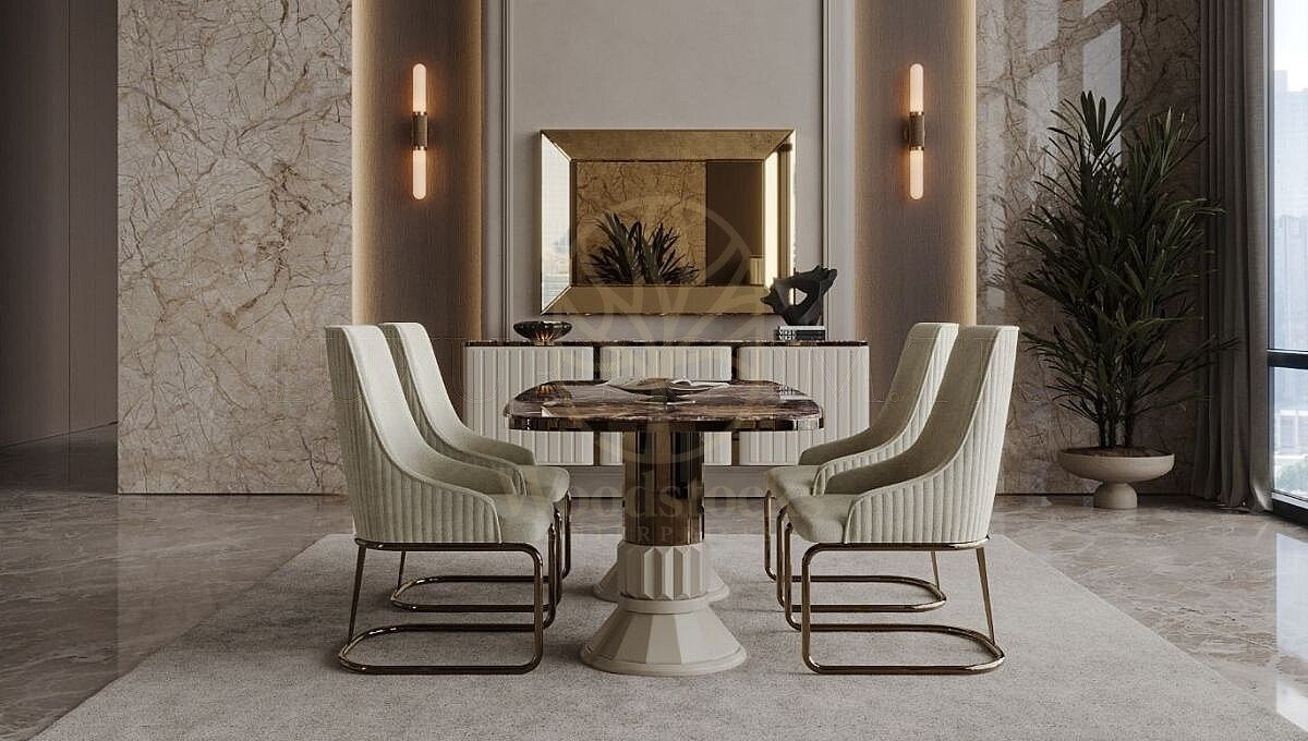 Luxury Avero Marble Handcrafted Teak Dining Table Set, Saharanpur, view 2