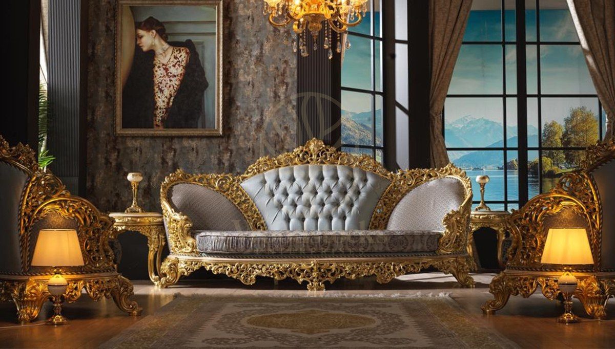 Royal Hunkar Gold Leaf Hand Carved Teak Sofa Set, Saharanpur, view 3