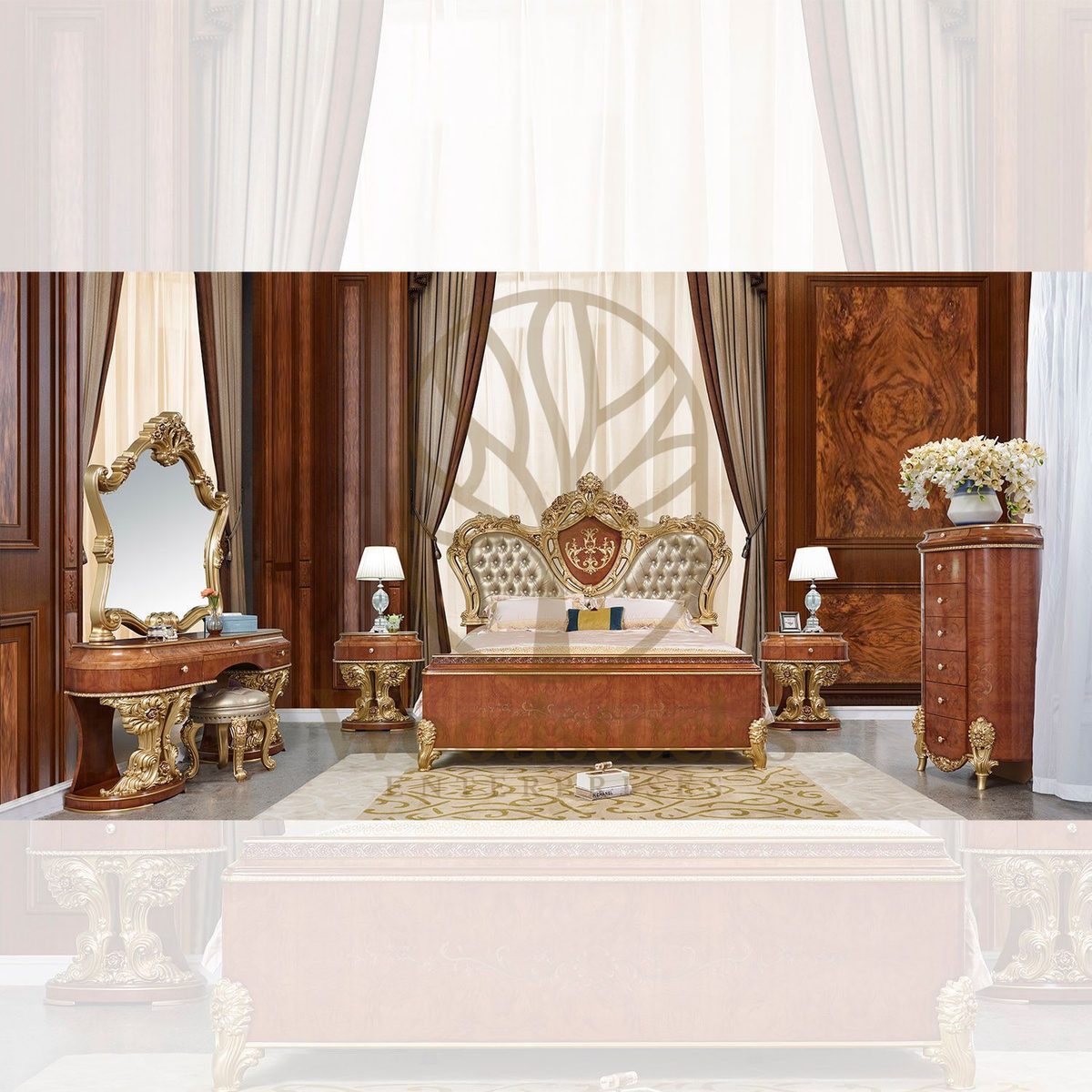 Teak Tufted 4-Piece King Size Bed, view 4