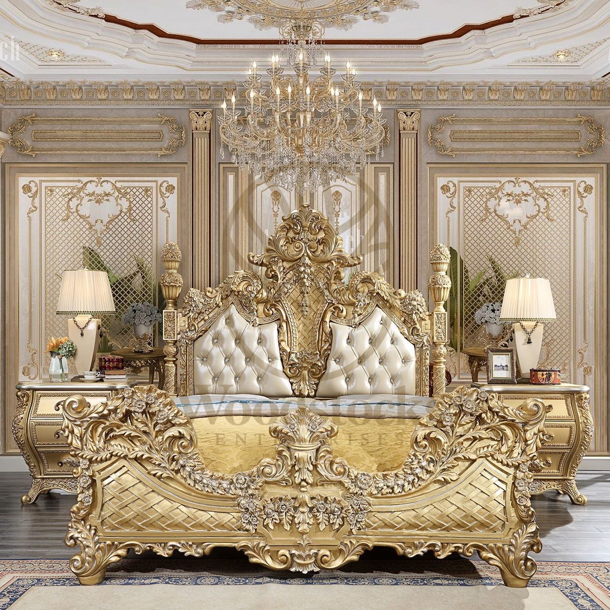 Teak Regal Antique Gold King Size Bed, King Size Bed