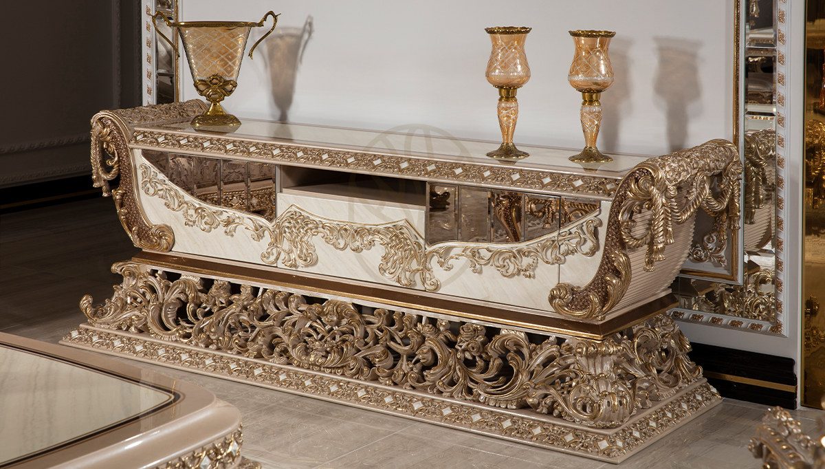 Royal Hisar White Hand Carved Teak TV Cabinet, Saharanpur, view 2