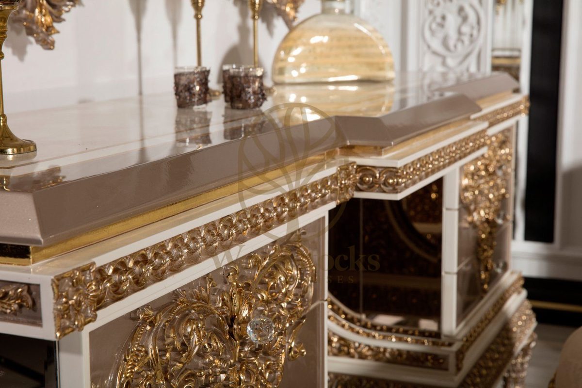 Teak Ornate Cream and Gold 4-Piece King Size Bed, view 15