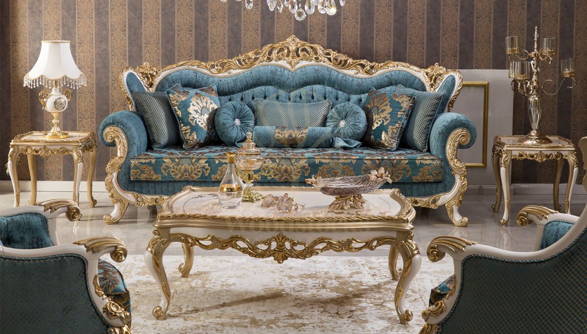 Royal Mecidiye Gold Leaf Hand Carved Teak Sofa Set, Saharanpur, view 5