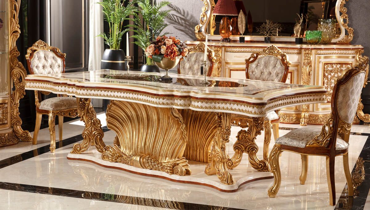 Royal Martinik Gold Leaf Hand Carved Teak Dining Table Set, Saharanpur, view 2