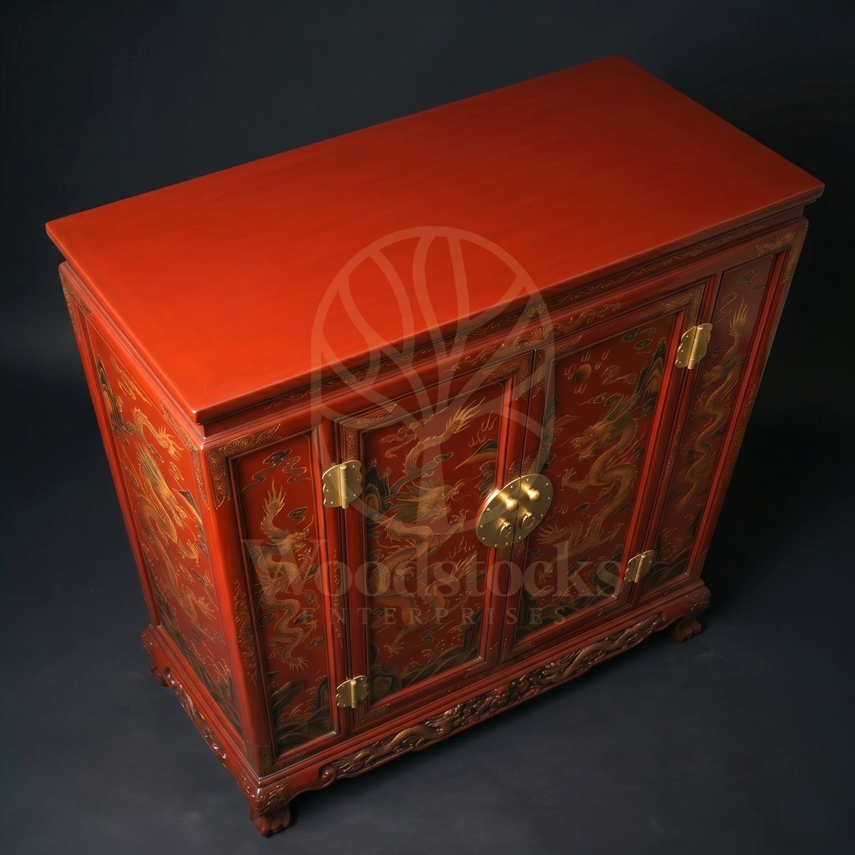 Royal Hand Carved Teak Imperial Vermilion Dragon Cabinet, Saharanpur, view 4