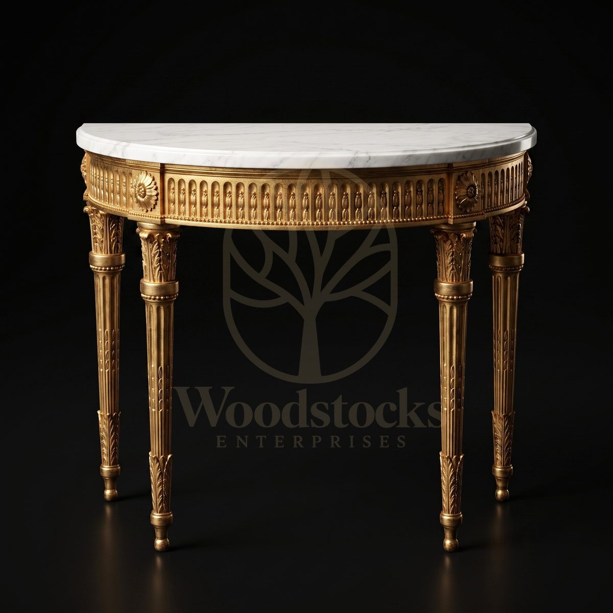 Royal Hand Carved Teak Chantilly Giltwood Demi-Lune Console, Saharanpur, view 2