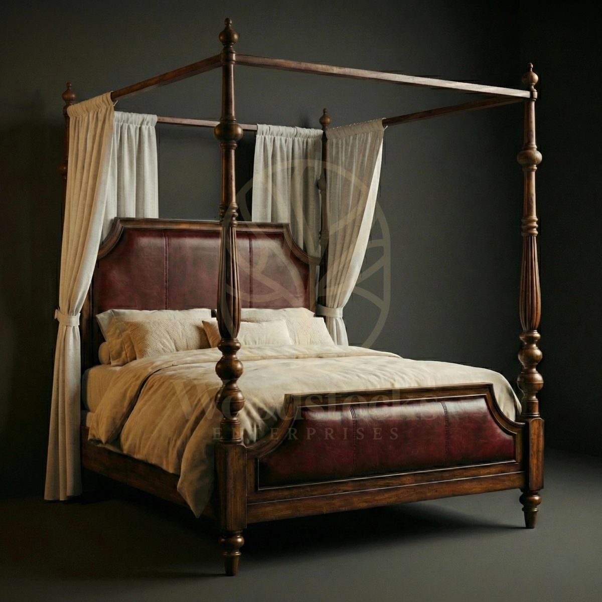 Royal Hand Carved Teak Oxford Manor Leather-Back Four-Poster Bed, Saharanpur, Four Poster Bed