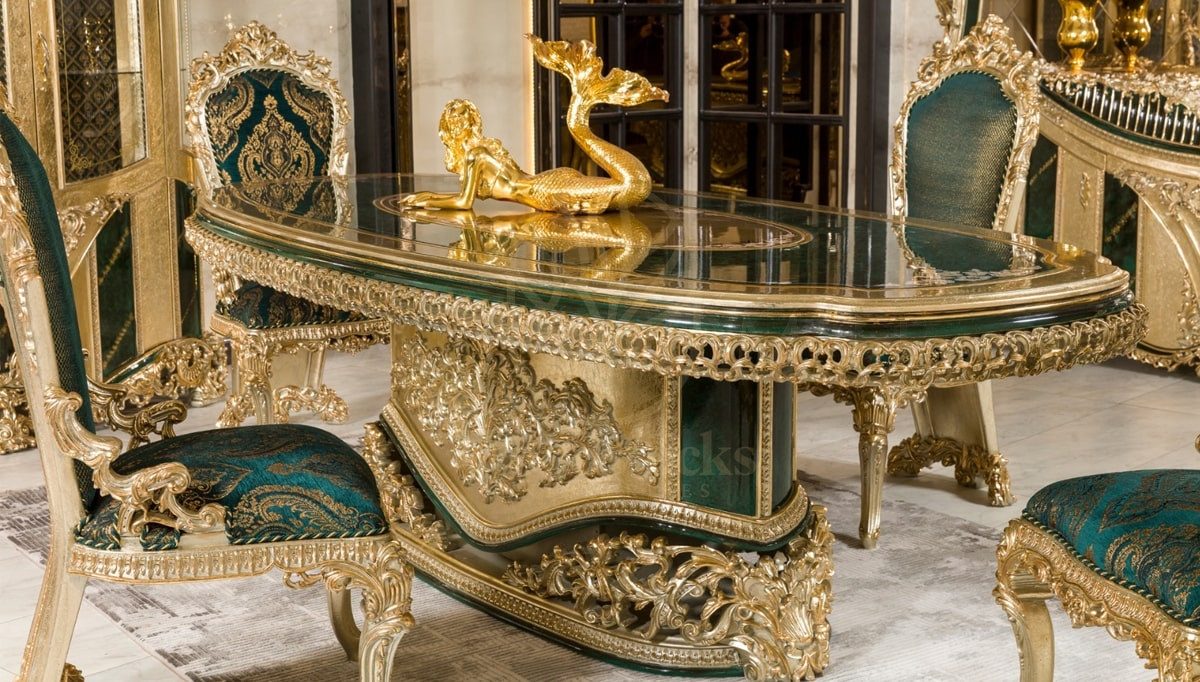 Royal Ofelya Green Hand Carved Teak Dining Table Set, Saharanpur, view 6