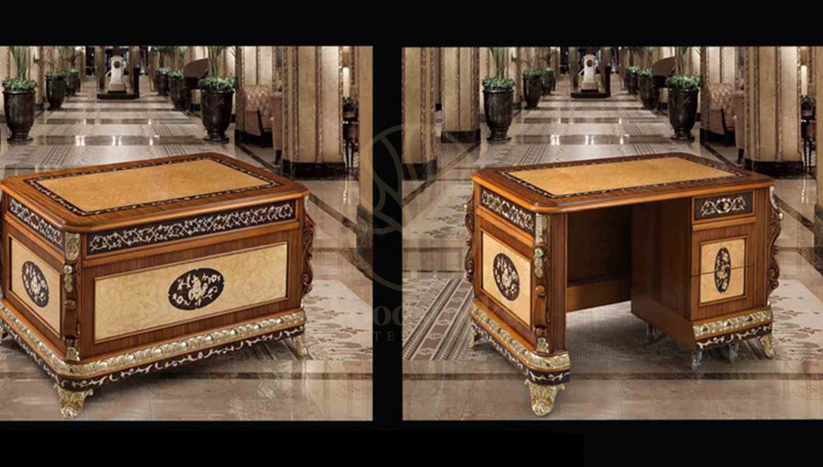 Royal Hanza Bronze Hand Carved Teak Office Table, Saharanpur, view 4