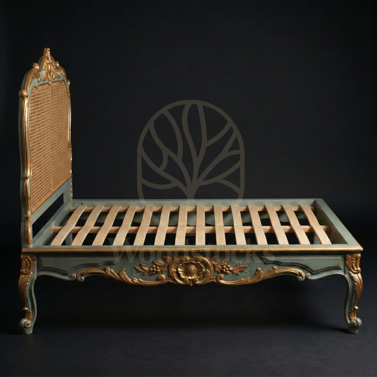 Royal Hand Carved Teak Rocaille & Rosette French Vert Céladon Lit de Maître, Saharanpur, view 4