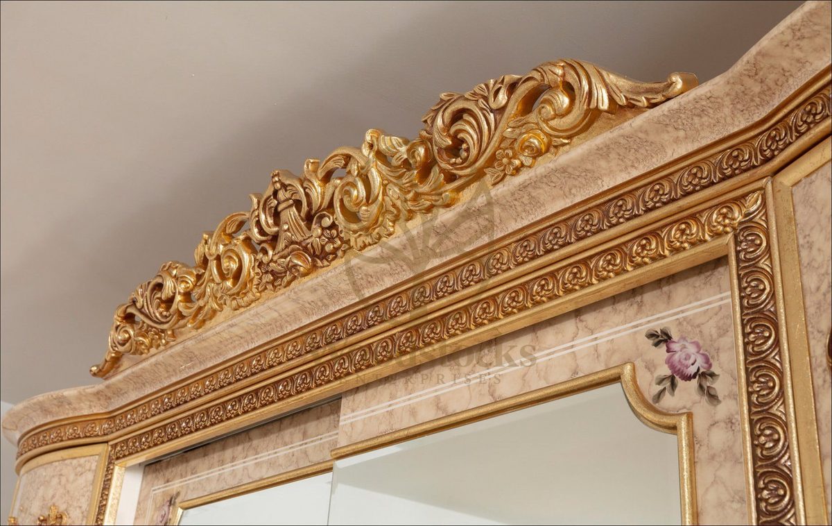 Teak Palace Ivory and Gold Carved King Size Bed, view 9