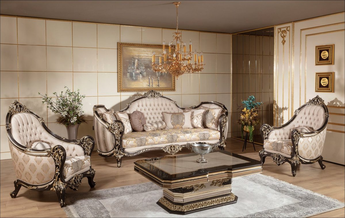 Teak Baroque Ivory and Gold Carved Sofa Set, Sofa Set
