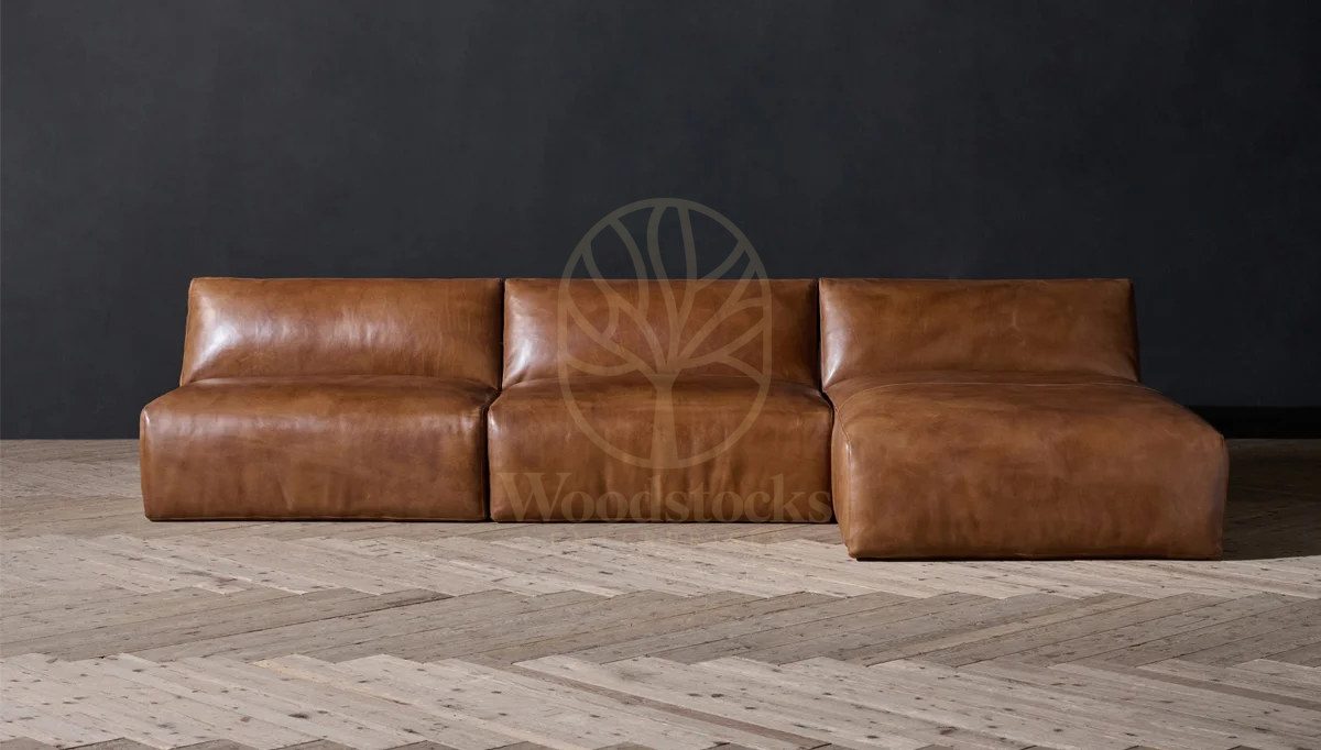 Royal Oxford Brown Chesterfield Hand Carved Teak L-Shape Sofa, Saharanpur, view 3