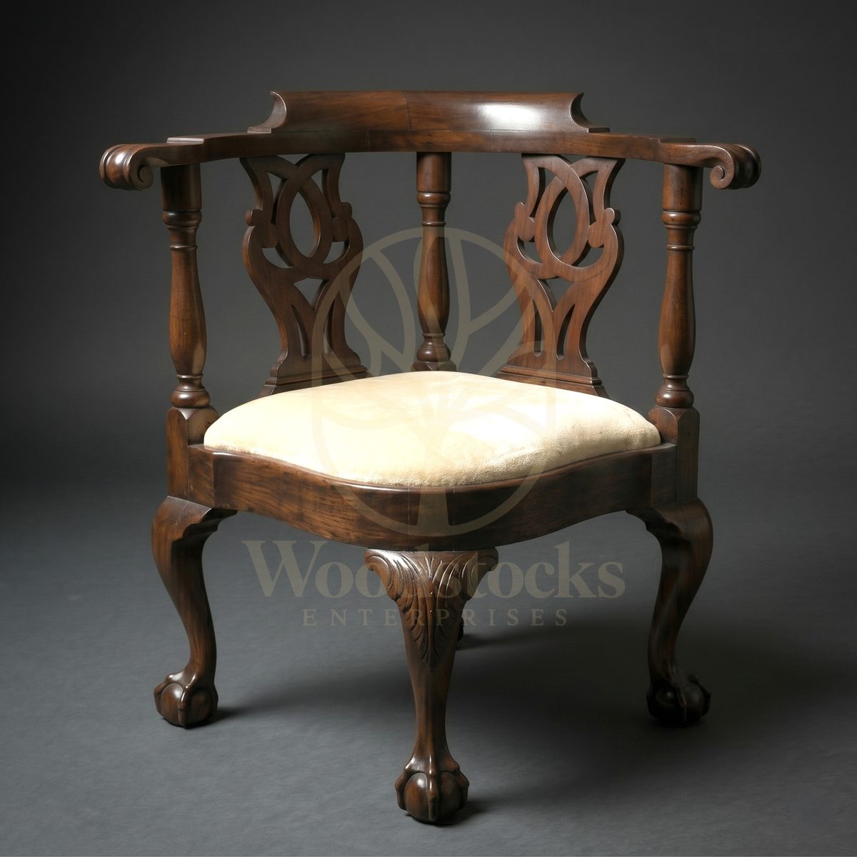 Hand Carved Teak Chelsea Chippendale Revival Corner Chair, Saharanpur, Living Room Chair