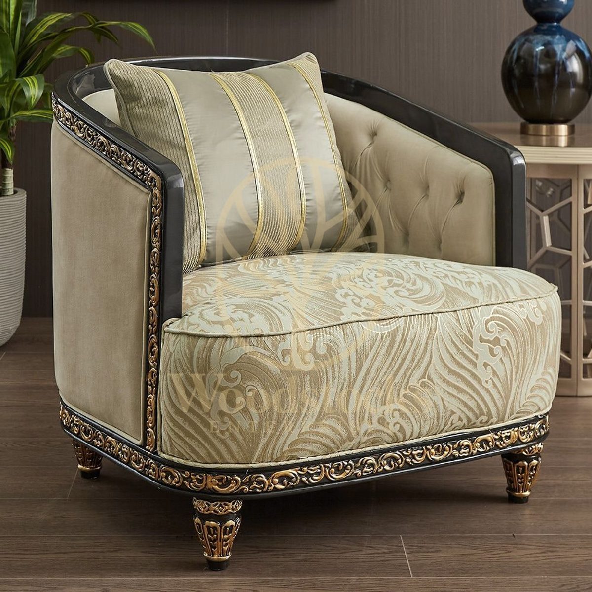 Teak Cabriole Cream Living Room Chair, alternate view