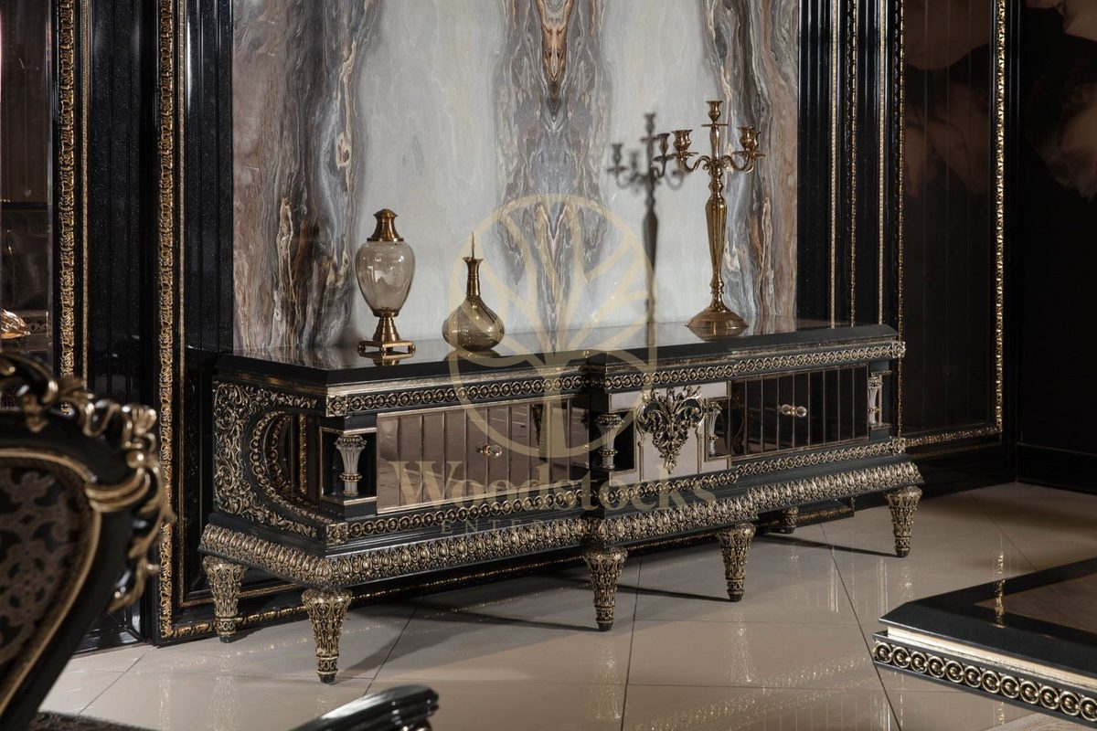 Teak Ornate Black and Gold TV Cabinet, TV Cabinet