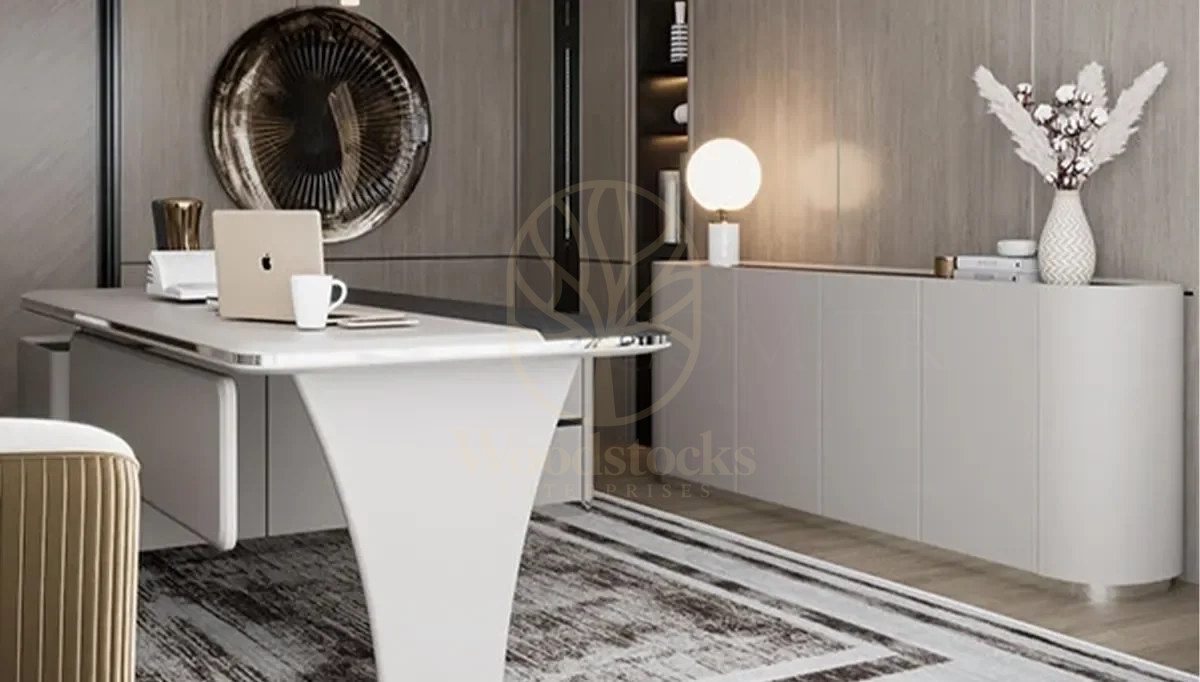 Luxury Madrid White Handcrafted Teak Office Table, Saharanpur, view 5