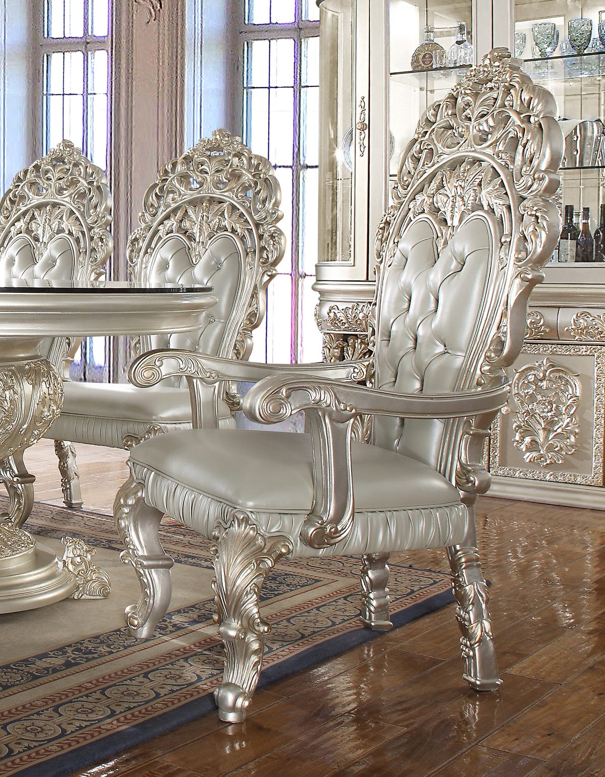 WSE High Quality Teak Wood Carved Silver 7-Piece Dining Table III, Dining Table
