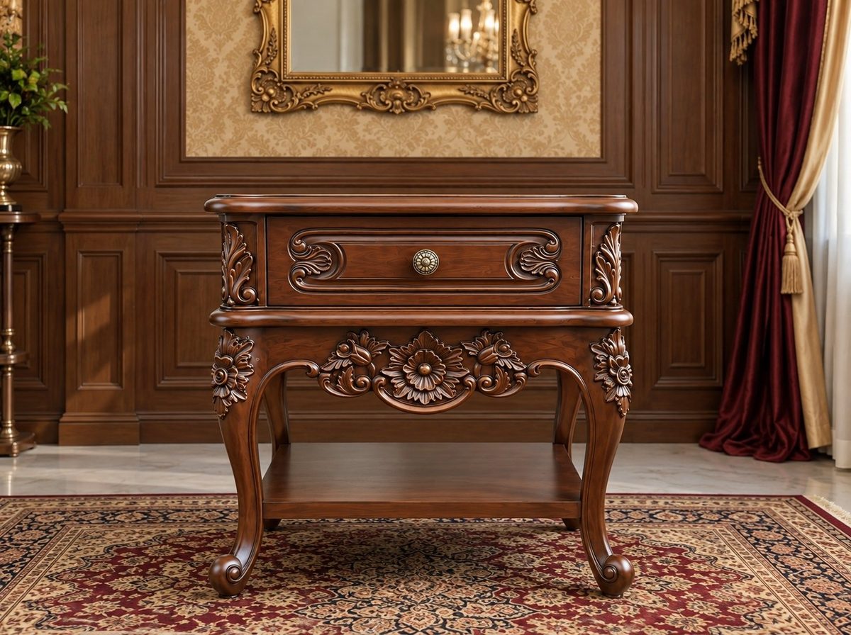 Teak Luxury Maharaja Carved Walnut Side Table, Side Table / Nightstand