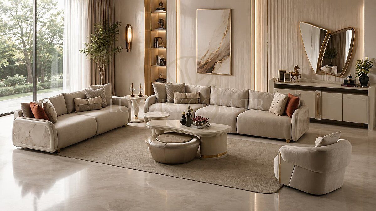 Luxury Iznik Beige Handcrafted Teak Sofa Set, Saharanpur, Sofa Set