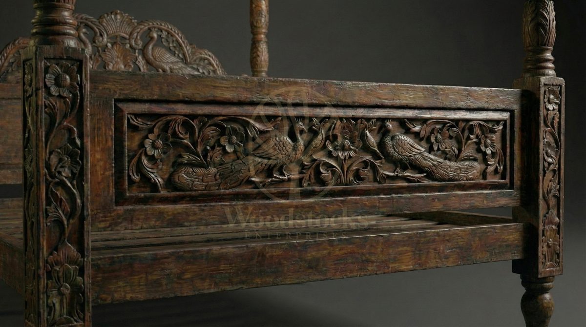 Royal Hand Carved Teak Suratte Peacock Court Four Poster Bed, Saharanpur, view 5