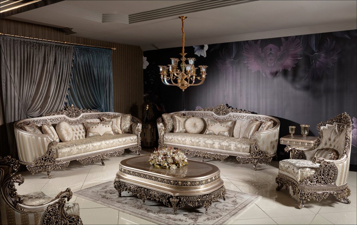 Teak Elegance Champagne and Gold Sofa Set, Sofa Set