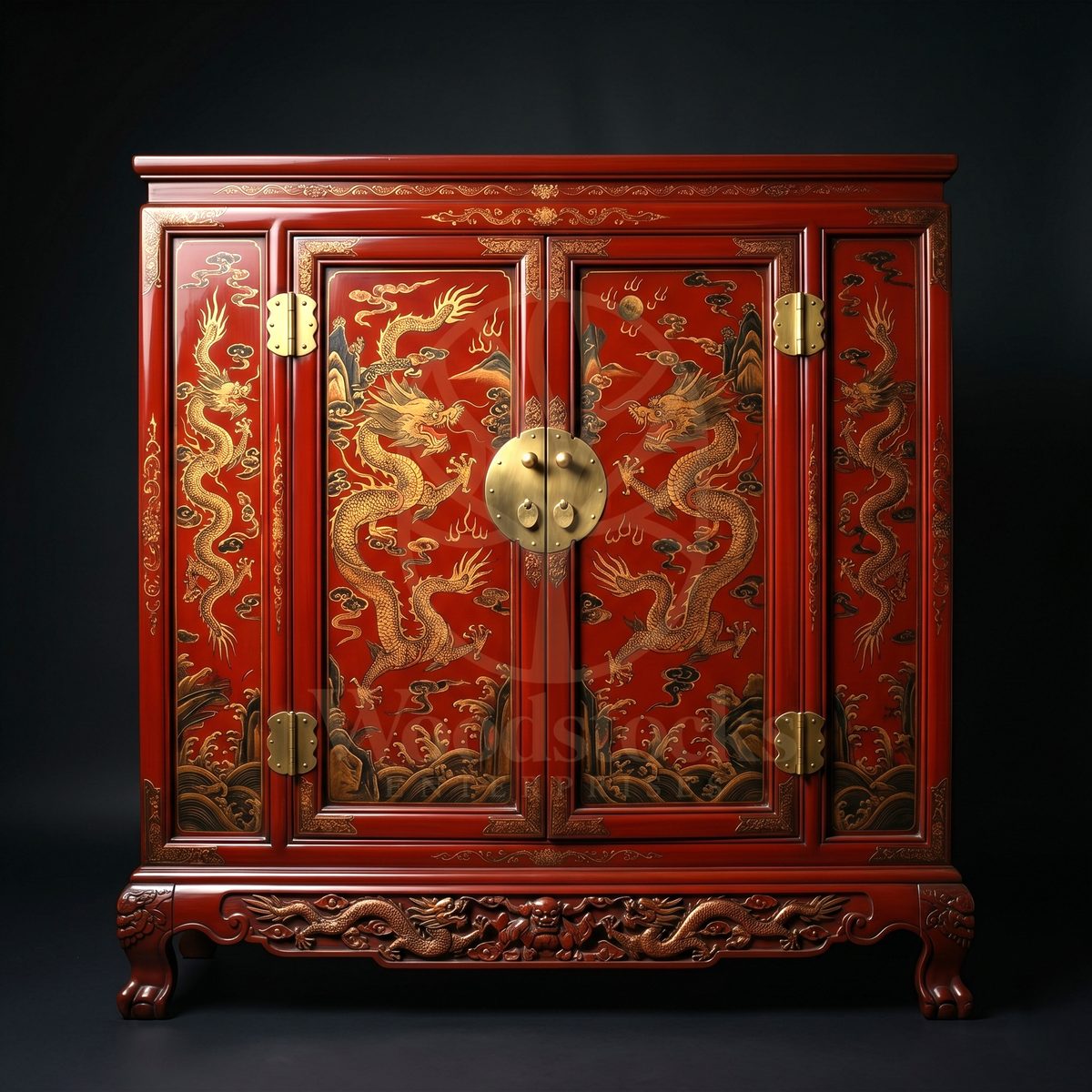Royal Hand Carved Teak Imperial Vermilion Dragon Cabinet, Saharanpur, Crockery Cabinet