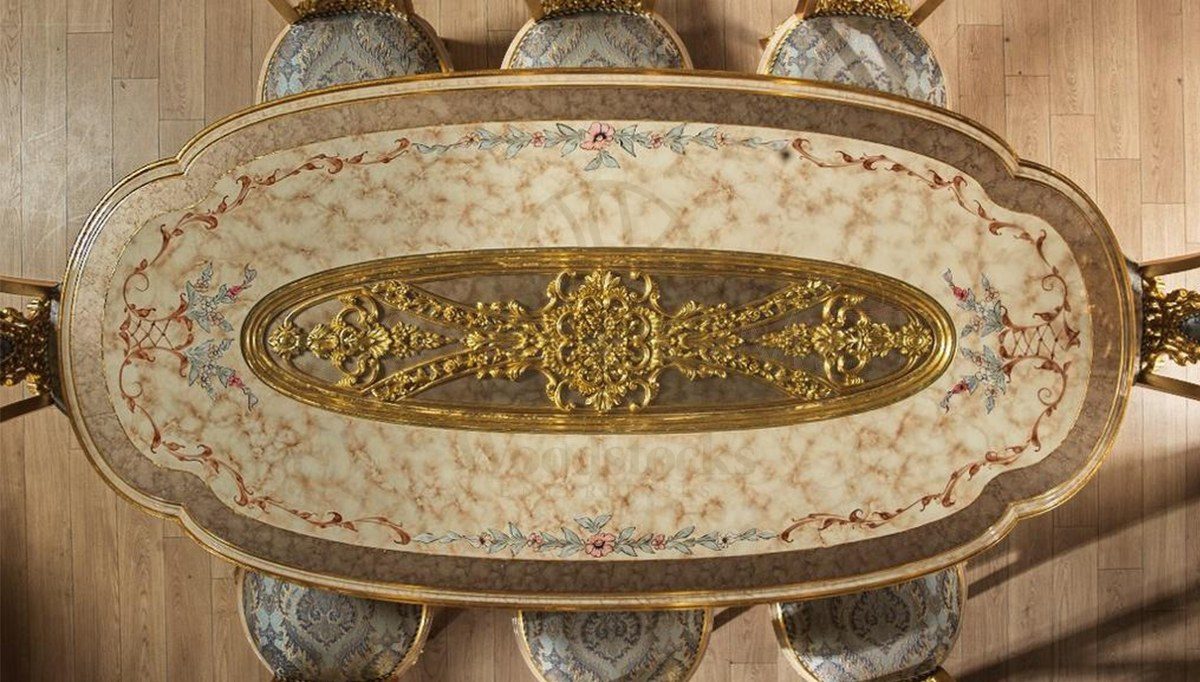 Royal Hunkar Gold Leaf Hand Carved Teak Dining Table Set, Saharanpur, view 6