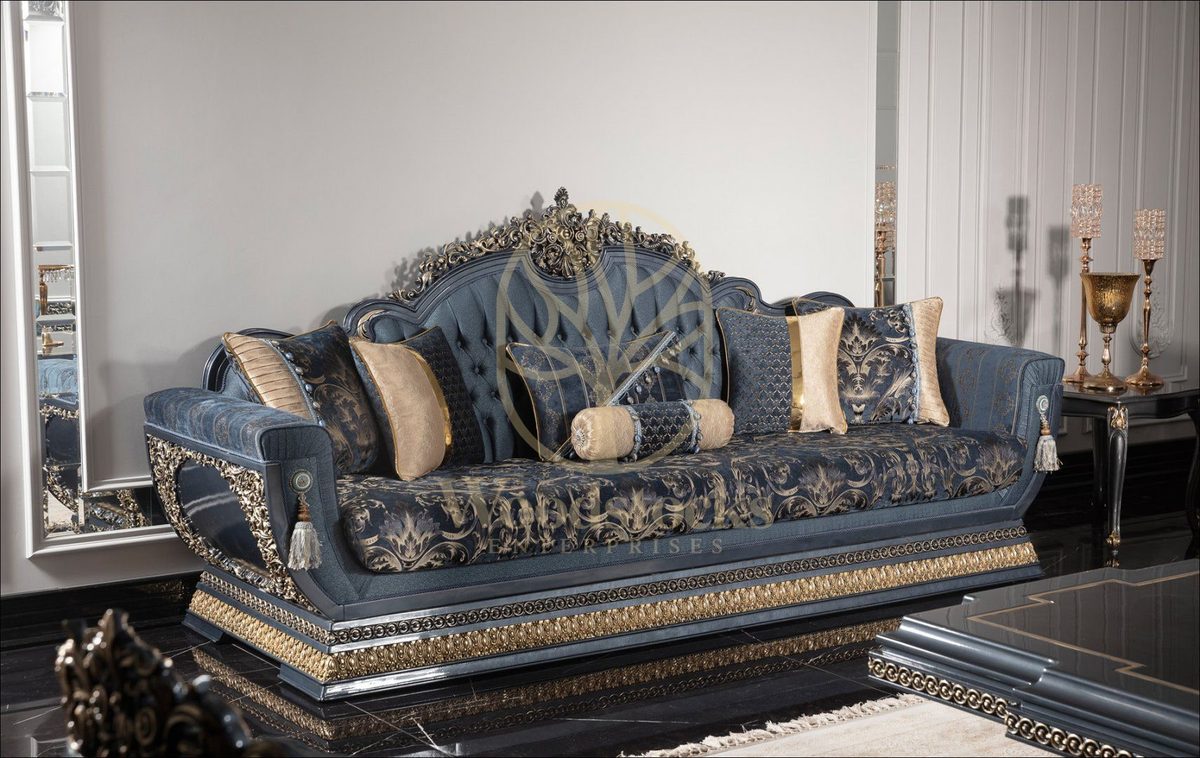 Teak Palace Blue and Silver Carved Sofa Set, alternate view