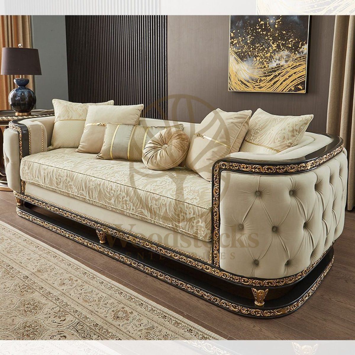 Teak Cabriole Turkish Cream Sofa Set, alternate view