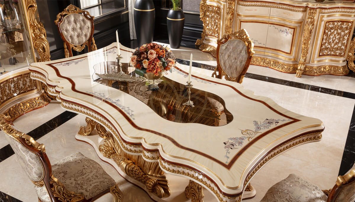 Royal Martinik Gold Leaf Hand Carved Teak Dining Table Set, Saharanpur, view 4