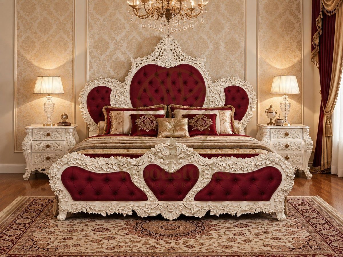 Teak Luxury Maharaja Carved Burgundy Velvet King Bed, King Size Bed