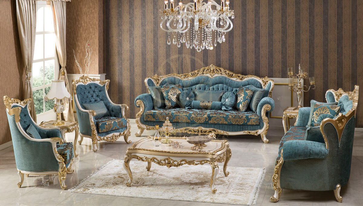 Royal Mecidiye Gold Leaf Hand Carved Teak Sofa Set, Saharanpur, Sofa Set