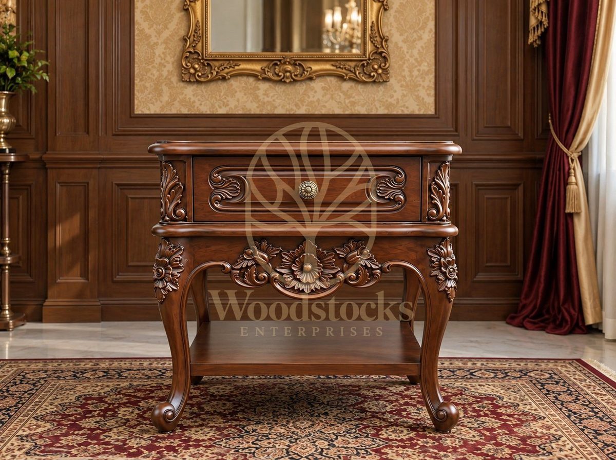 Teak Luxury Maharaja Carved Walnut Side Table, Side Table / Nightstand