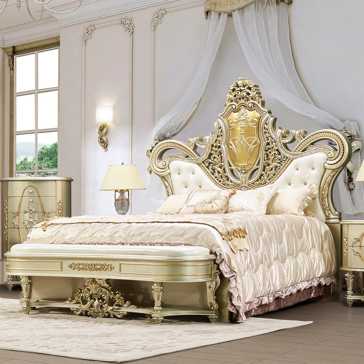 WSE High Quality Teak Wood Carved Belle Silver 7-Piece King Size Bed, King Size Bed