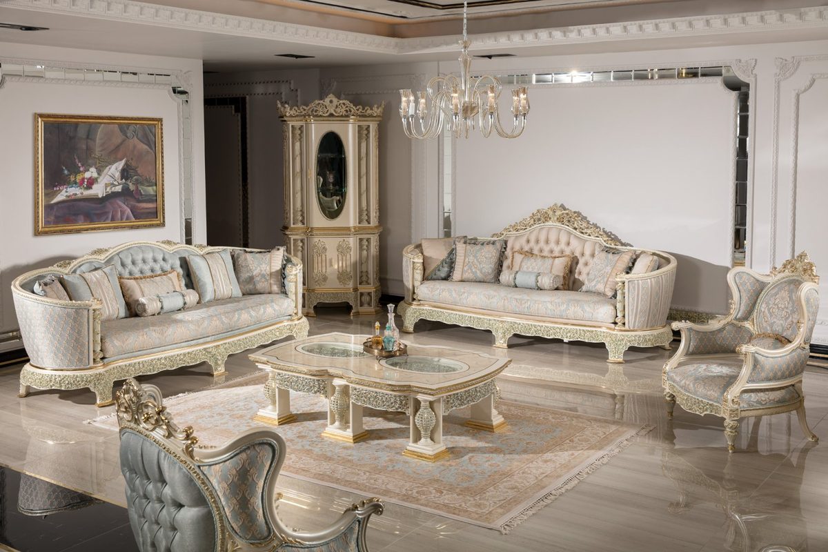 Teak Monaco Ivory and Powder Blue Sofa Set, Sofa Set