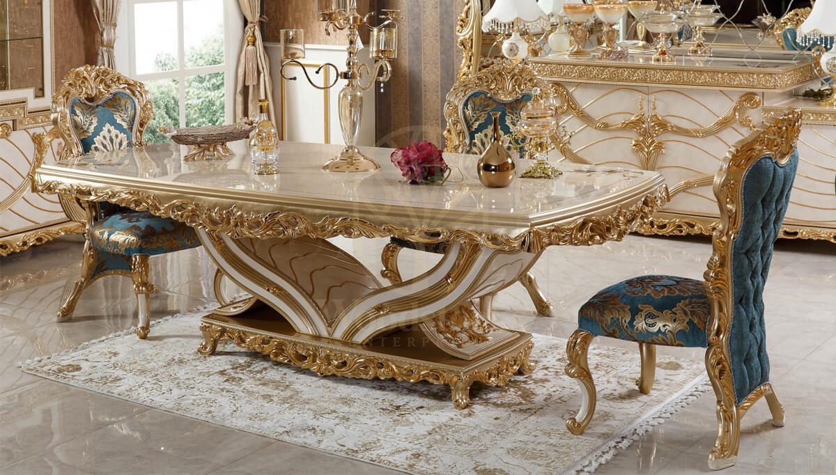 Royal Mecidiye Gold Leaf Hand Carved Teak Dining Table Set, Saharanpur, view 7