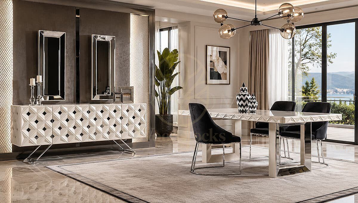 Luxury Amelie White Black Handcrafted Teak Dining Table Set, Saharanpur, Dining Table