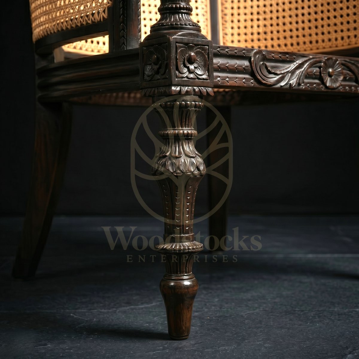 Hand Carved Teak Ceylonese Colonial Cane Bergère, Saharanpur, view 4