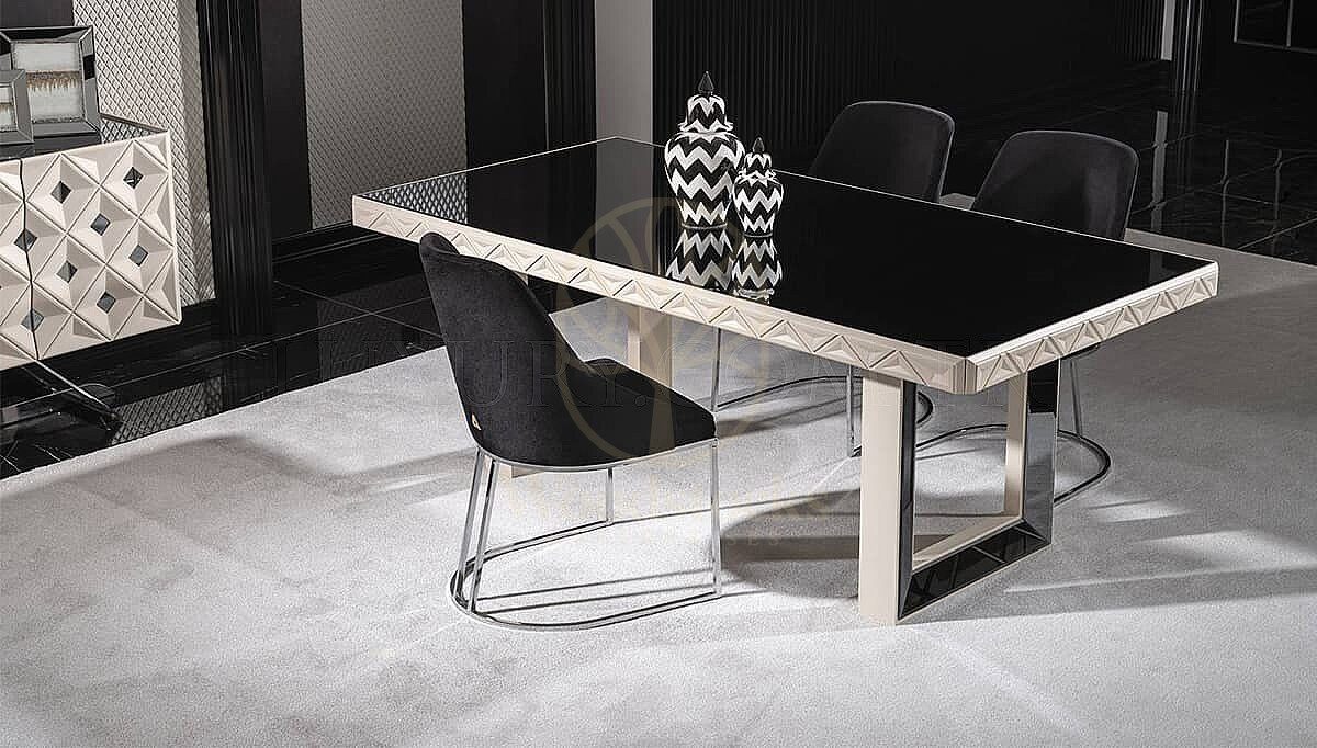 Luxury Amelie White Black Handcrafted Teak Dining Table Set, Saharanpur, view 5